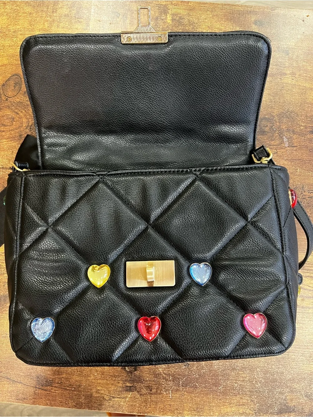 Betsey Johnson I Want Candy Hearts Black Quilted Top Handle Satchel